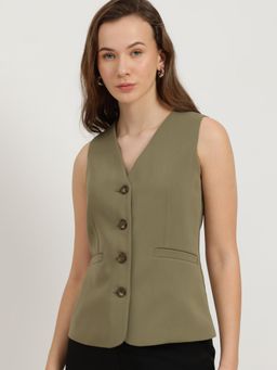 FableStreet - Olive V Neck Waistcoat