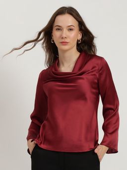 FableStreet - Red Satin Cowl Neck Top