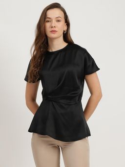 FableStreet - Black Satin Pleated Round Neck Top
