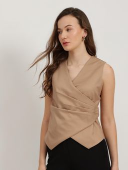 FableStreet - Beige V-Neck Drape Top