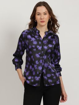 FableStreet - Black Satin Mandarin Neck Top