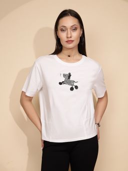 Global Republic - Women White Animal Embroidered Cotton T-shirt