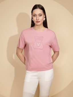 Global Republic - Women Baby Pink Embroidered Cotton T-shirt
