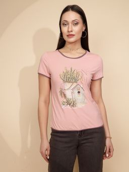 Global Republic - Women Pink Embroidered Cotton T-shirt