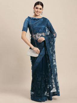 VAIRAGEE - Teal Floral Net With Embroidered Saree with Unstitched Blouse