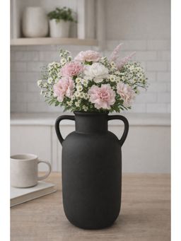 Ashnam - Black Charcoal Dual Handle Decorative Matte Finish Sculptural Flower Vase