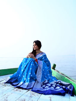 Banarasi Silk Works - Turquoise Blue Georgette Saree with Unstitched Blouse