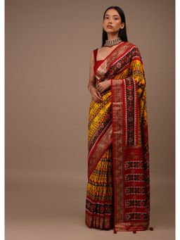 KALKI FASHION - Chrome Yellow Saree In Silk Patola and Foil Print with Unstitched Blouse