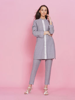 Fabnest - Chambray Fitted Pants and Short Kurta A Pleat at Front Accented with Lace (Set of 2)