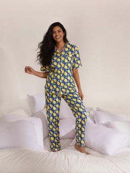 AOBA - Women Blue & Yellow Printed Printed Pyjamas Set