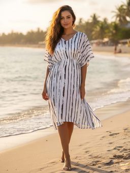 AOBA - Women White & Black Printed Swimwear Cover-Up Kaftan (Free Size)