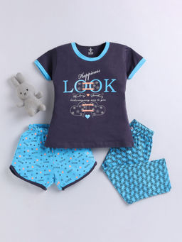 Hopscotch - Navy Blue Text Print T-Shirt with Pyjama & Shorts