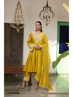 MEESA - Mustard Embroidered Chanderi Silk Anarkali with Pant and Dupatta (Set of 3)