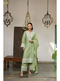 MEESA - Green Embroidered Chanderi Silk Kurta with Palazzo and Dupatta (Set of 3)