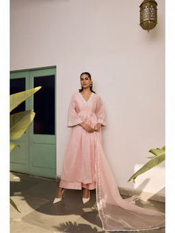 MEESA - Pink Embroidered Organza Kurta with Palazzo and Dupatta (Set of 3)