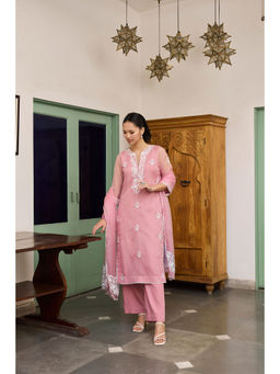 MEESA - Pink Embroidered Organza Kurta with Pant and Dupatta (Set of 3)