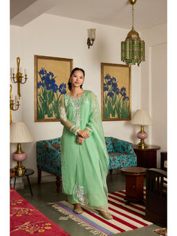 MEESA - Green Embroidered Organza Kurta with Pant and Dupatta (Set of 3)