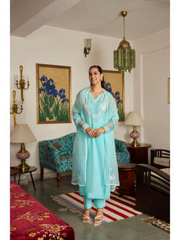 MEESA - Blue Embroidered Organza Kurta with Pant and Dupatta (Set of 3)
