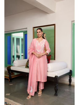 MEESA - Pink Embroidered Chanderi Silk Kurta with Pant and Dupatta (Set of 3)