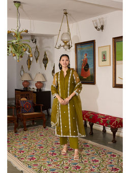 MEESA - Olive Embroidered Organza Kurta with Pant and Dupatta (Set of 3)