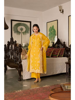 MEESA - Yellow Embroidered Organza Kurta with Palazzo and Dupatta (Set of 3)