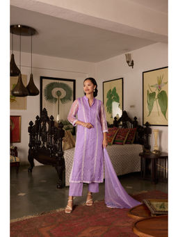 MEESA - Lavender Embroidered Organza Kurta and Pant with Dupatta (Set of 3)