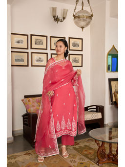 MEESA - Pink Embroidered Organza Kurta and Pant with Dupatta (Set of 3)