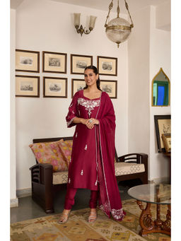 MEESA - Maroon Embroidered Chanderi Silk Kurta with Churidar and Dupatta (Set of 3)