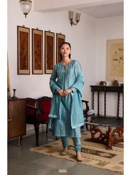 MEESA - Blue Embroidered Chanderi Silk Kurta with Churidar and Dupatta (Set of 3)