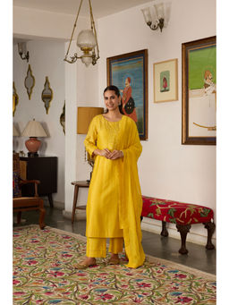 MEESA - Yellow Embroidered Chanderi Silk Kurta with Pant and Dupatta (Set of 3)