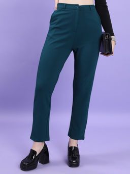 TOKYO TALKIES - Women Teal Slim Fit High-Waist Formal Trouser