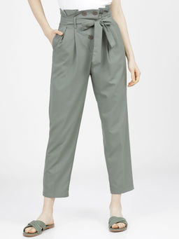 TOKYO TALKIES - Women Green Pleated Peg Pant with Belt (Set of 2)