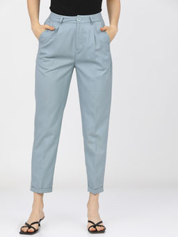 TOKYO TALKIES - Women Blue Straight Fit Easy Wash Cropped Pleated Trouser
