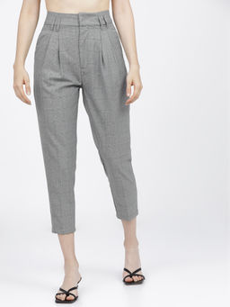 TOKYO TALKIES - Women Grey Checks Pleated Pant with Belt (Set of 2)