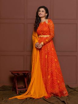 NUD - Saffron Orange Bejewelled Anarkali with Dupatta (Set of 2)