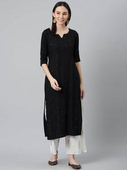 Libas - Black Rayon Embroidered Mirror Work Straight Kurta