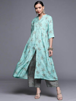Libas - Blue Chanderi Silk Printed A-line Kurta