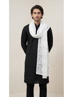 MUFFLY - Men Elegant Embroidered Paisley Organza White Dupatta