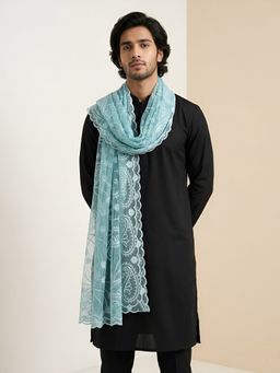 MUFFLY - Men Elegant Embroidered Paisley Organza Aqua Dupatta