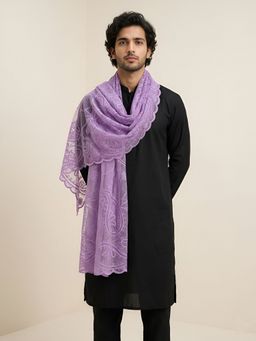 MUFFLY - Men Elegant Embroidered Paisley Organza Lavender Dupatta