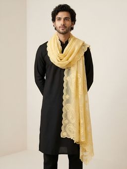 MUFFLY - Men Elegant Embroidered Paisley Organza Yellow Dupatta