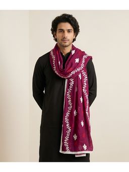 MUFFLY - Burgundy Men Embroidered Nazneen Chiffon Ethnic Dupatta