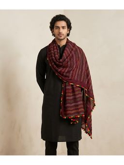 MUFFLY - Burgundy Men Nazneen Chiffon Striped Embroidered with Tassel Border Dupatta