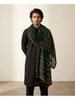 MUFFLY - Green Men Nazneen Chiffon Striped Embroidered with Tassel Border Dupatta
