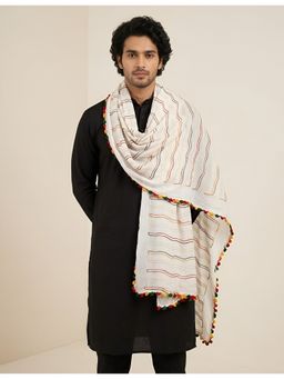 MUFFLY - White Men Nazneen Chiffon Striped Embroidered with Tassel Border Dupatta