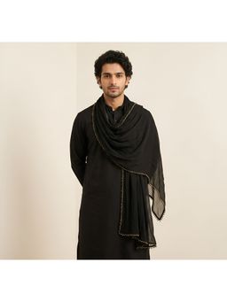 MUFFLY - Men Black Elegant Solid Nazneen Chiffon with Lace Border Dupatta