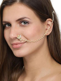 Accessher - Traditional Jadau/Pachi Kundan Moon Shape Nose Ring with Chain for Women