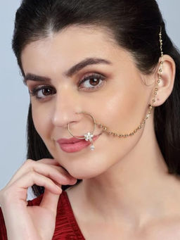 Accessher - Gold Plated Delicate American Diamond Nose Ring with Chain for Women