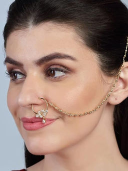 Accessher - Gold Plated Delicate Sparkling Ad Embellished Nose Ring with Chain for women