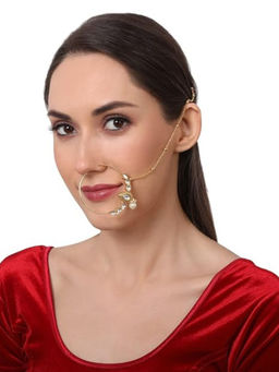 Accessher - Gold Plated Handcrafted Kundan Nose Ring with Chain for Women and Girls